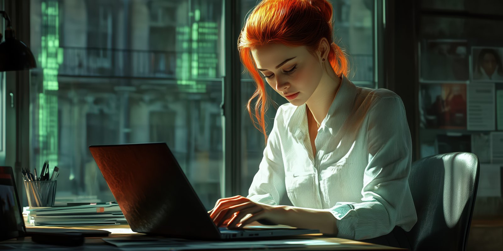 Focused young woman working on laptop in a bright workspace with natural light during the day